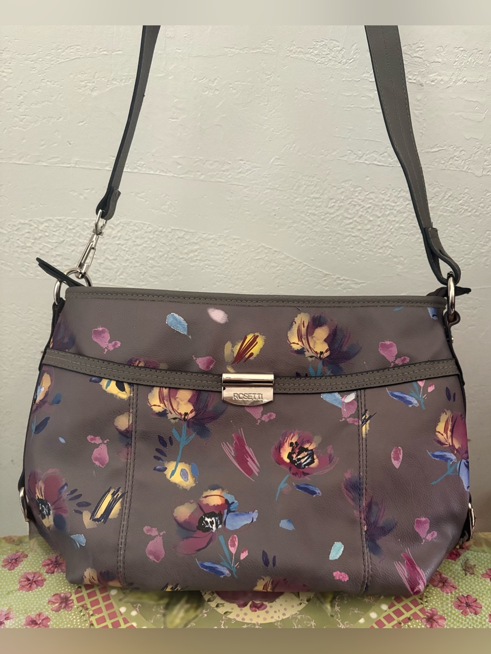 Rosetti Gray Floral Shoulder Bag with Multicolor Blooms